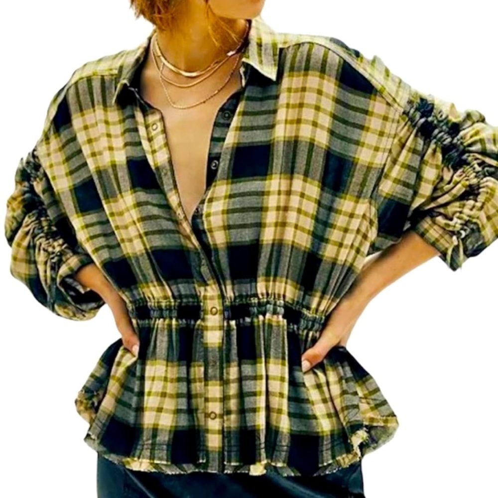 NWT Free people crunch waist plaid shirt blouse xs